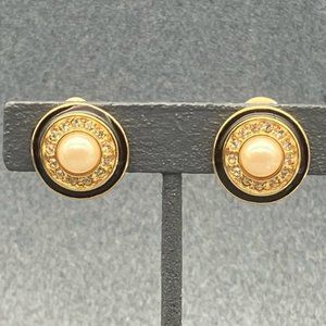 Clip On Earrings Gold Rhinestone Black Enamel Pearl Circle Vintage Retro Granny